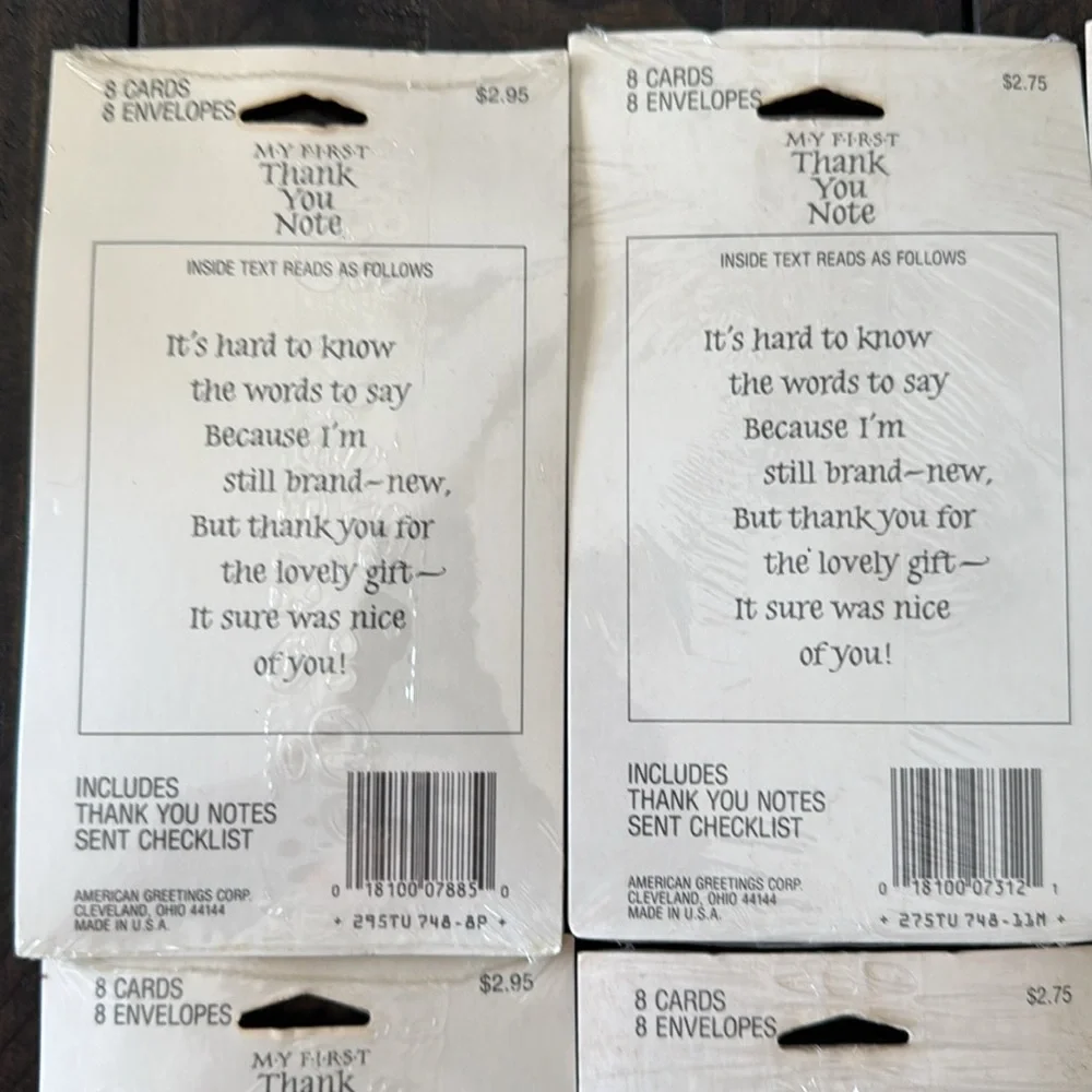 7 unopened packages of 1980s birth announcements and thank you notes.